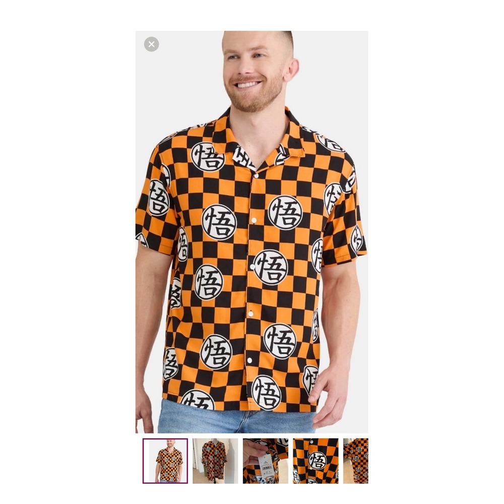 Dragon Ball Z Super Kame Symbol Orange Black Checkered Short Sleeve Men's Large